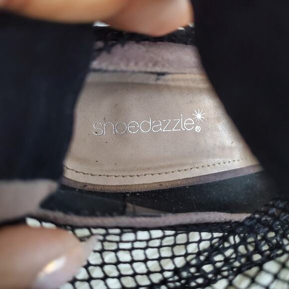 Shoe Dazzle Aria Black Fishnet Sock Chunky Heel Pointed Toe Pumps Size 12 - Picture 10 of 11